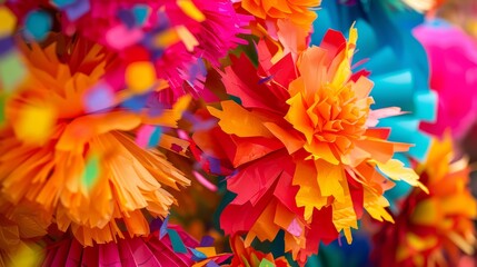 colorful paper flowers streamers and confetti. Use bright reds oranges and yellows to capture the energy and joy of a fiesta celebration - obrazy, fototapety, plakaty