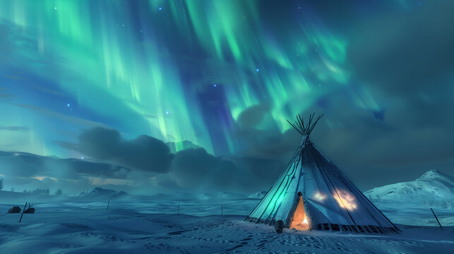 Sami lavvu or traditional tent set against the backdrop of a northern lights display. capturing the essence of Sami nomadic culture and their close relationship with the natural environment.