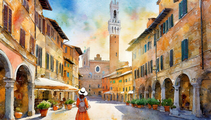 Generative Watercolor Illustration Of Siena Italy - obrazy, fototapety, plakaty