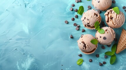 Chocolate chip ice cream scoops with mint leaves and waffle cones on blue background - obrazy, fototapety, plakaty