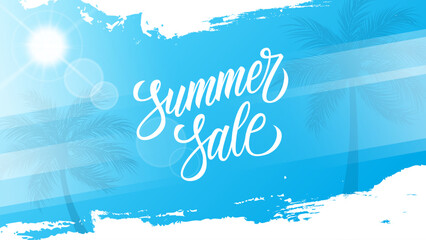 Summer Sale promotional banner. Summertime commercial background with hand lettering, summer sun and palm trees for business, seasonal shopping and sale advertising. Vector illustration.