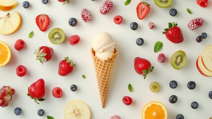 Colorful array of fresh fruits and a vanilla ice cream cone on a white background