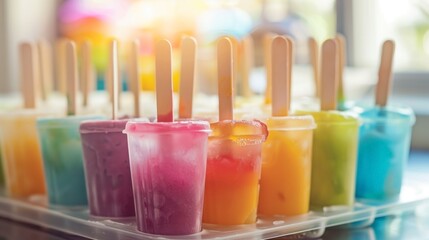 Colorful homemade popsicles in a tray with bright summer background - obrazy, fototapety, plakaty
