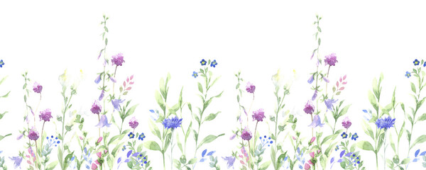 seamless border of watercolor wildflowers