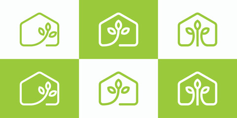 A collection of vector logo designs that combine house and nature shapes with a modern, simple, clean and abstract style.