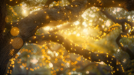 Canopy glittering lights a enchantment trees, bokeh ancient A yellow a the through oak photo soft, of to burst a tranquil of light of with touch abstract showcasing serene weaving golden that add