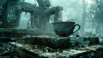  A mysterious tea cup resting on an ancient stone altar in a forgotten temple - obrazy, fototapety, plakaty