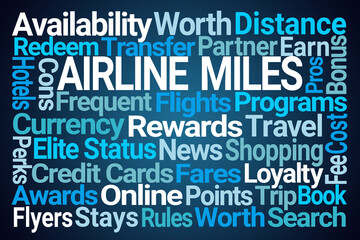 Airline Miles Word Cloud on Blue Background - obrazy, fototapety, plakaty