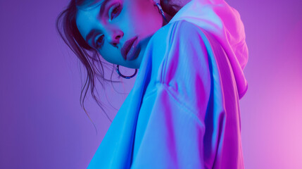 a woman in a blue surrouinding with a white hoodie and sleeves with a purple background, neon lights, futuristic fashion