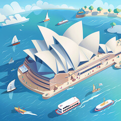 3D vector illustration of the Sydney Opera House and Harbour, with ferries and tourists enjoying the sunny weather, depicting Australia's iconic structure and its role in Sydney's cultural scene
