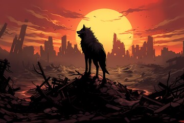cartoon illustration, a woft in a destroyed city with a sunset