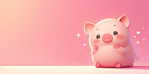 Cute piggy bank on pink background, banner with copy space area 