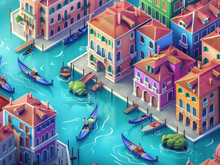 Isometric 3D vector artwork of Venice's winding canals with gondolas and colorful buildings, showcasing the unique water-based architecture and the lively tourist interactions in Italy - obrazy, fototapety, plakaty