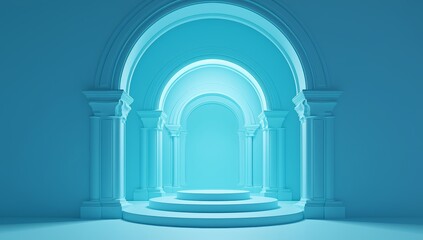 podium with light blue background. minimal abstract geometric shape and arch in the scene.  - obrazy, fototapety, plakaty
