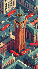 Detailed isometric illustration of Big Ben in London with red double-decker buses and pedestrians.