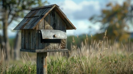 Naklejka premium Blank mockup of a rustic wooden mailbox with a metal roof reminiscent of a country farm. .