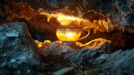  A mystical tea cup glowing softly in the depths of an enchanted cave