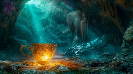  A mystical tea cup glowing softly in the depths of an enchanted cave - obrazy, fototapety, plakaty