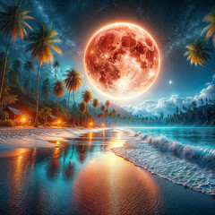 arafed view of a beach with a full moon and palm trees, sandy white moon landscape, epic red - orange moonlight, fantasy sea landscape, moon landscape, big moon above the water, red moon over stormy o