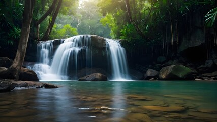 waterfall in the jungle, Cascading River Through Rocks and Green Trees in a Natural Landscape, Summer Streams Flowing Over Stones and Moss-Covered Rocks, Rapid Cascades and Flowing Creek Amidst Lush 