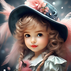 child cuteness overload, hat with feather, incredibly detailed portrait extremely adorable girl 