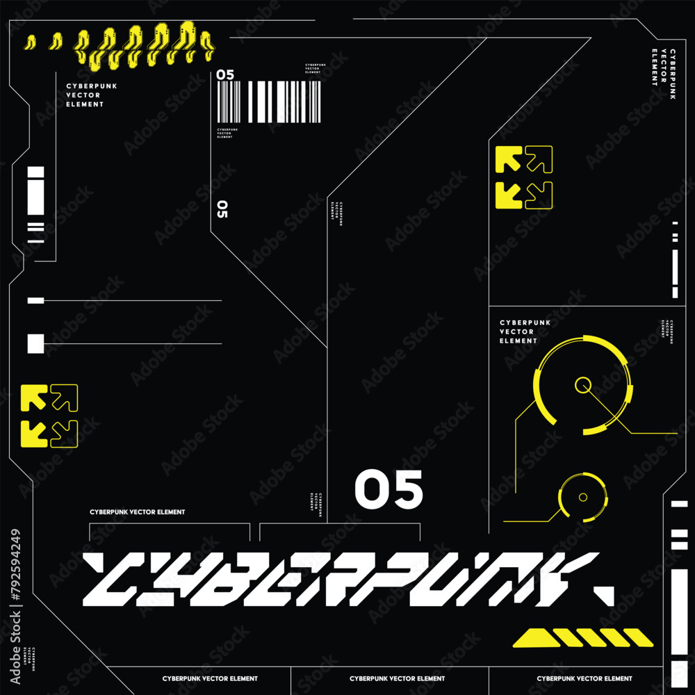 Poster cyberpunk scifi gaming futuristic icon pattern seamless set collection template, 2d illustration ren