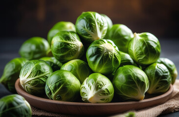Fresh Brussels sprouts lie in a heap on a wooden plate, close-up, rustic