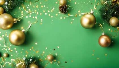 'golden confetti decorations Christmas green baubles Elegant greeting card Xmas mockup. background...