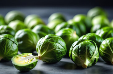 Brussels sprouts close-up on a gray background, cut in half