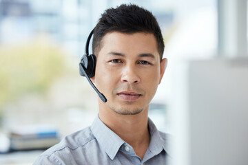 Call center, consulting and portrait of man in office for telemarketing, advisory and communication. Agent, consultant and serious face with headset for customer service, sales support or help in crm