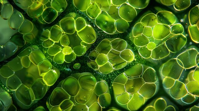 An image of a cross section of a plant stem reveals vibrant green parenchyma cells densely packed and full of chloroplasts responsible