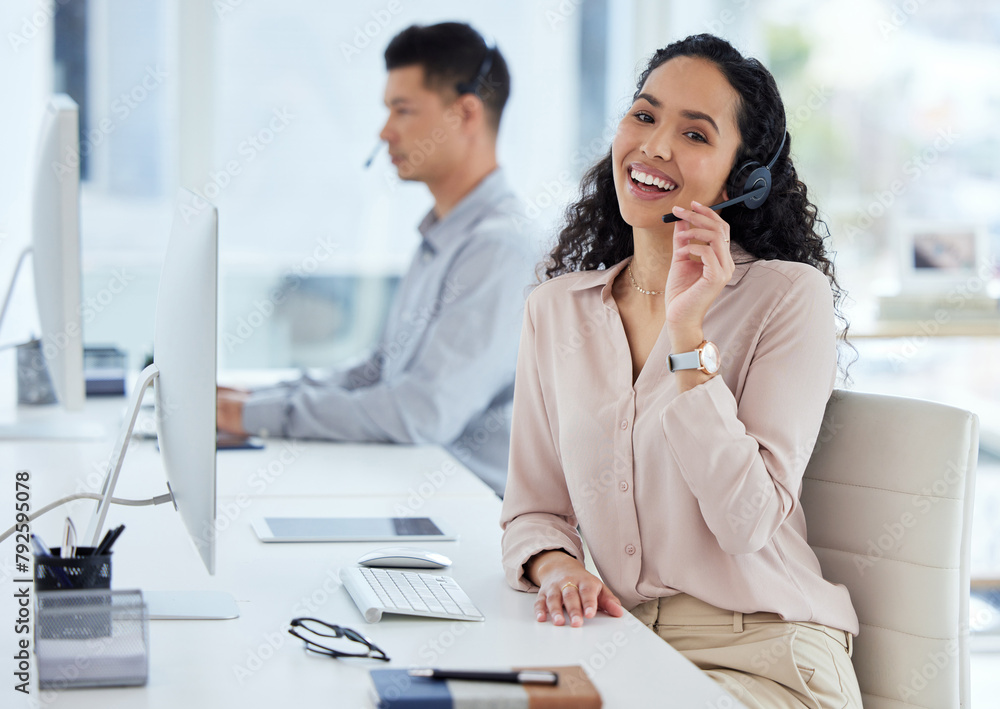 Poster Call center, computer and portrait of woman in telemarketing office for online assistance or help. Contact, desk and microphone with happy agent at work for consulting, customer support or service