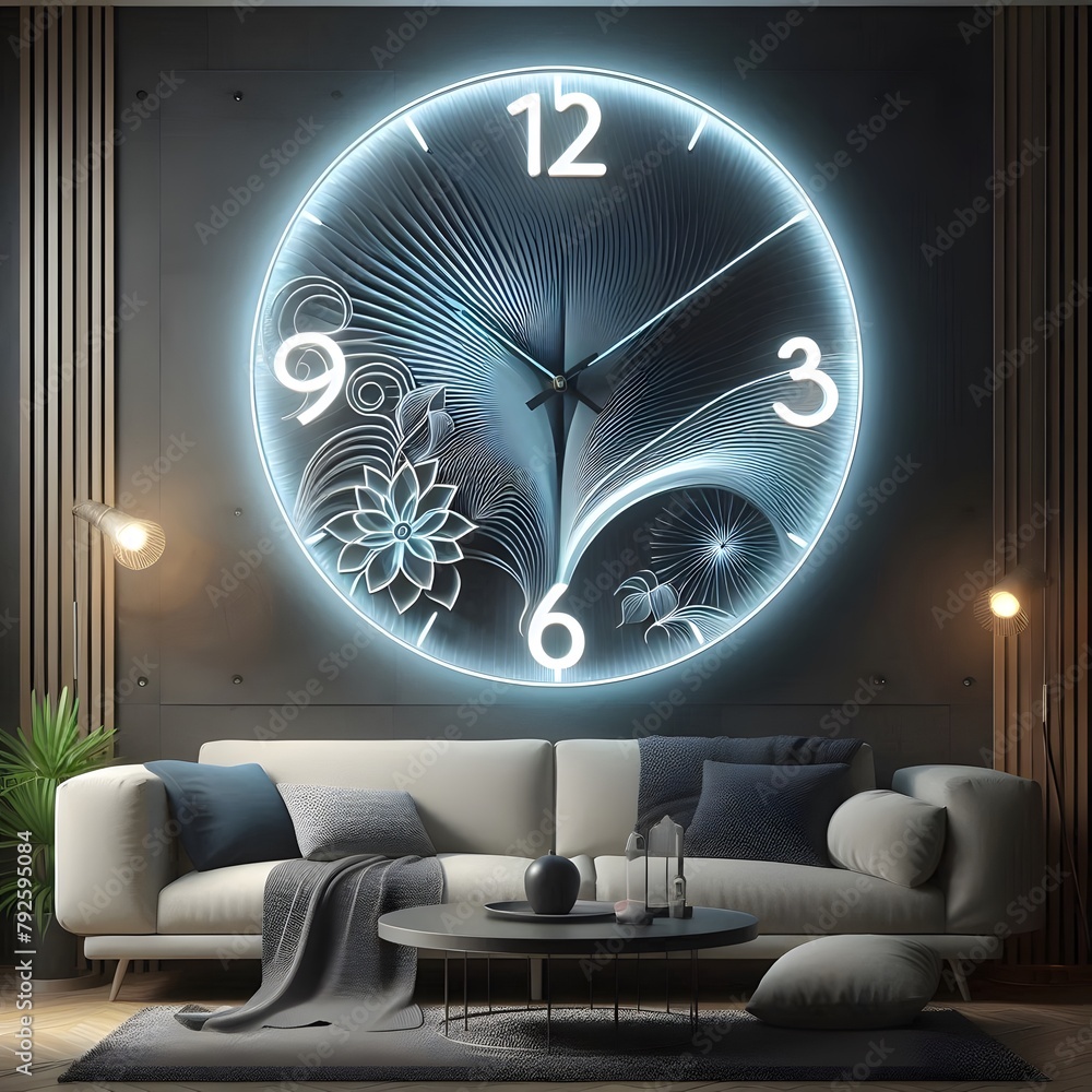 Poster luminous clock in bedroom interior. time concept. 3d rendering generated by ai