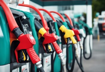 'pump gasoline petrol nozzles station oil gas esel fuel nozzle auto automobile benzene car colours energy fill gallon green horizontal hose industry crude power price' - obrazy, fototapety, plakaty