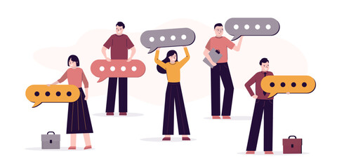 Communication of people in search of solutions problems, collective thinking. Business group, full length people, team with speech bubble. Meeting or negotiations. Productive talking.