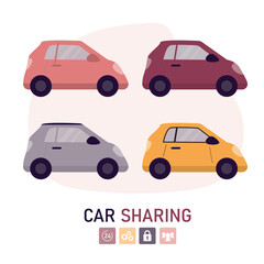 Carsharing service, rent car set. Various colorful rental auto.