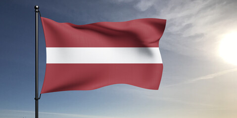 Latvia national flag cloth fabric waving on beautiful grey sky Background.