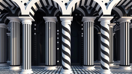Classical-inspired series of patterned black and white arches with a rhythmic design.