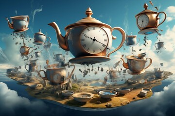 scene from Alice in Wonderland with flying teapots and cups. Tea pouring from flying teapots into floating cups