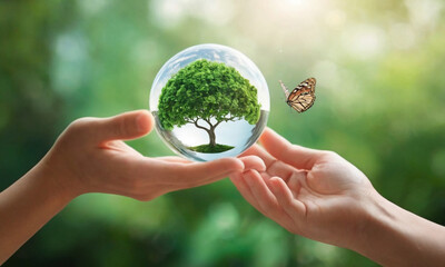 A hand holding a transparent globe with green continents, highlighted by sunlight, with a butterfly hovering above, symbolizing environmental care and hope.