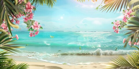 summer luxury background, sea view, tropical flowers and palm trees around, summer concept, vacation by the sea