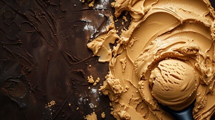 Close-up of a scoop of peanut butter ice cream on a chocolate base