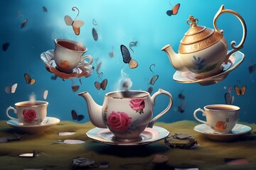 scene from Alice in Wonderland with flying teapots and cups. Tea pouring from flying teapots into floating cups