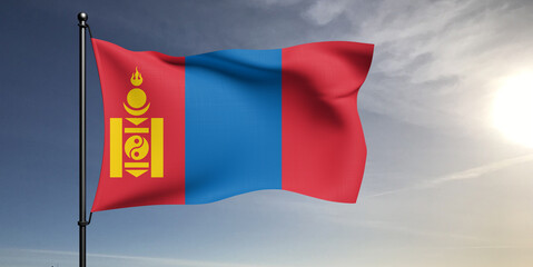 Mongolia national flag cloth fabric waving on beautiful grey sky Background.