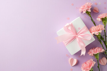 Elegantly wrapped Mother's Day gift accompanied by tender carnations and love-filled hearts on a lilac background