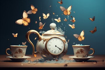 scene from Alice in Wonderland with flying teapots and cups. Tea pouring from flying teapots into floating cups