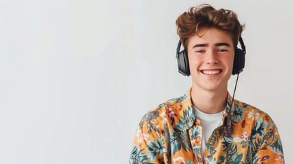 Portrait of a joyful teenager wearing a colorful floral shirt and headphones, exuding a happy vibe on white background