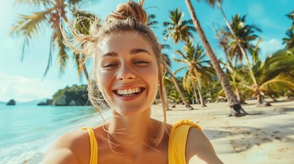 Energetic young woman capturing a joyful selfie on a pristine sandy beach with palm trees and clear skies