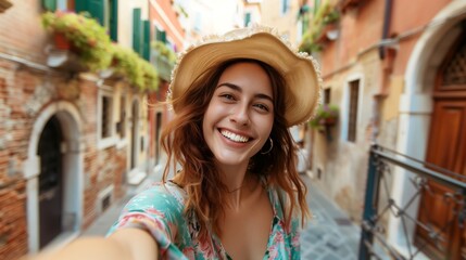 Smiling woman tourist taking a selfie while exploring the charming streets of old town