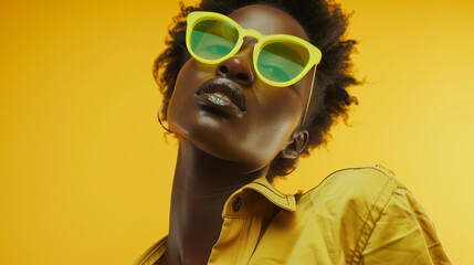 African American woman featuring vibrant yellow sunglasses, a beaming smile, and a striking yellow outfit against a yellow background